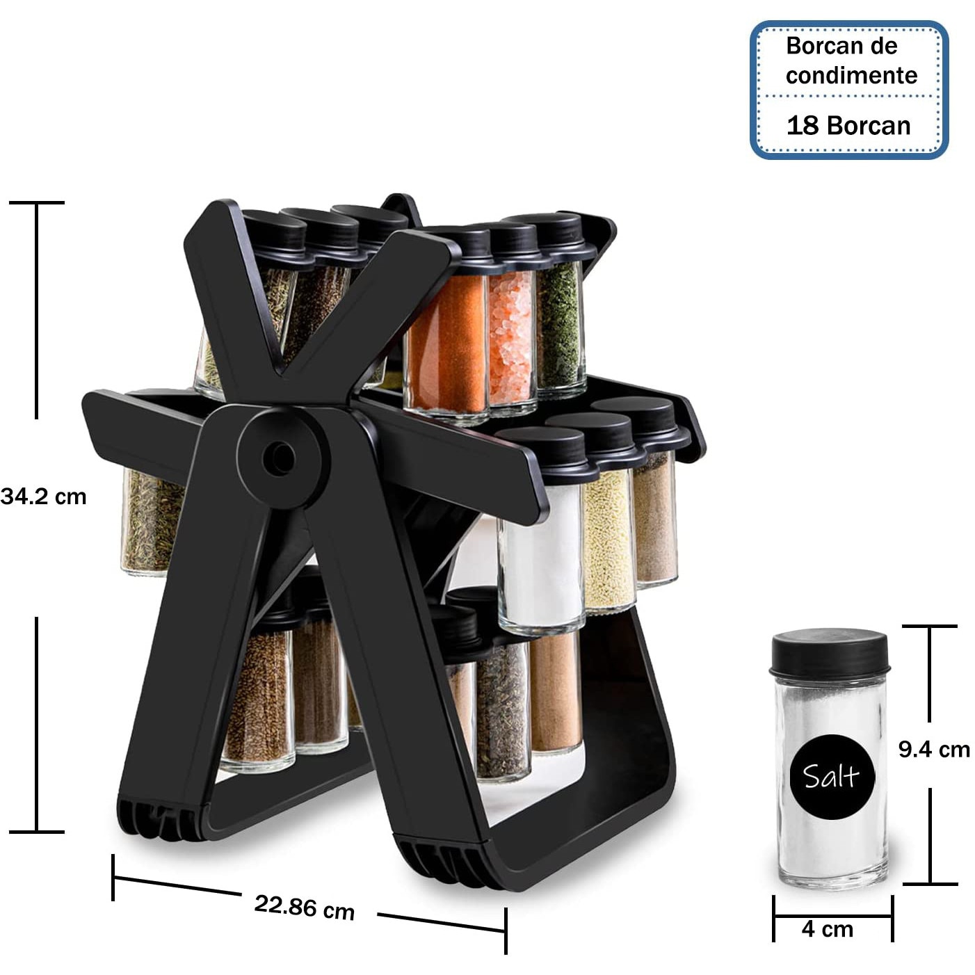 Set 18 recipiente condimente cu suport rotativ, BYONDSELF®, 34x23 cm ...