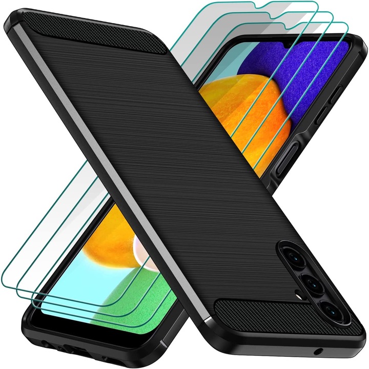 Кейс за Samsung Galaxy A13 5G / A04S с 3 защитни фолиа за екрана, TPU/Safety glass, Черен
