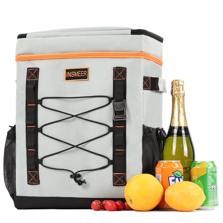 Geanta frigorifica rucsac de exterior cu doua straturi, Geanta termoizolanta rucsac pentru camping picnic alpinism, 30 litri, capacitate mare, izolata si impermeabila, ideala pentru alpinism in aer liber si calatorii, Gri