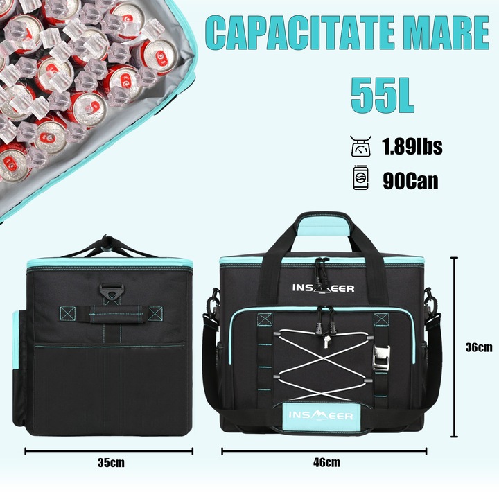 INSMEER Geanta frigorifica de capacitate mare de 55 L, potrivita pentru camping si picnic in aer liber, izolata si etansa, portabila si pliabila, cu curea de umar