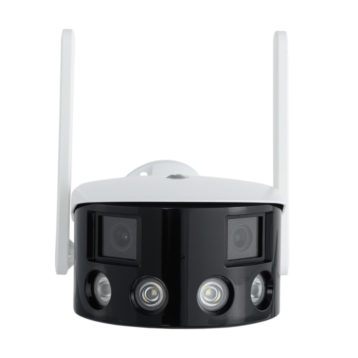 Camera de supraveghere WIFI JRH, 5MP, exterior/interior, Ultra HD 4K, lentila duala 180° Unghi de vizualizare ultra larg, zoom 5X, LED-uri luminoase, comunicare bidirectionala, senzor de miscare, Onvif, alb