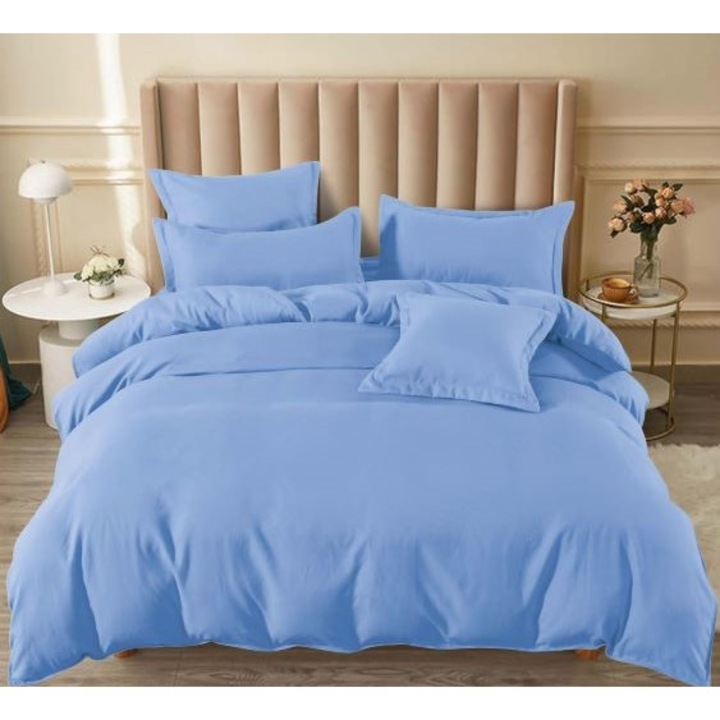 Двойно спално бельо, Pucioasa, Plain, 6 части, 2 лица, 180x200cm, Фин сатен, Син