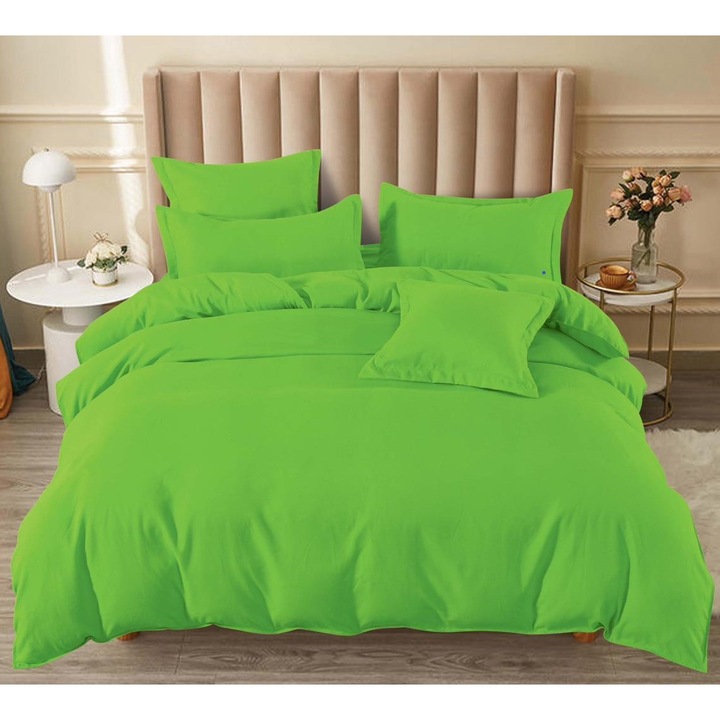 Двойно спално бельо, Pucioasa, Plain, 6 части, 2 лица, 180x200cm, фин сатен, лайм зелено