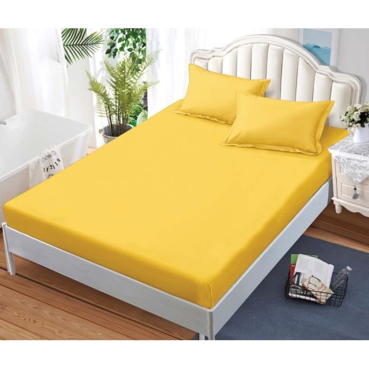 Двойно легло и калъфки за възглавници, Pucioasa, Uni, 3 части, 2 лица, 180x200 см, Сатенено покритие, Бананово жълто