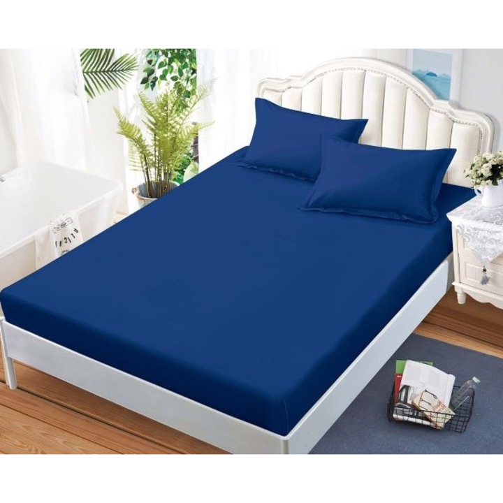 Двоен чаршаф и калъфки за възглавници, Pucioasa, Plain, 3 части, 2 лица, 180x200 см, фин сатен, тъмносиньо