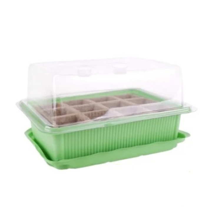 Mini ghiveci pentru rasaduri, Planta, Plastic, 19x14 cm, Verde/Transparent