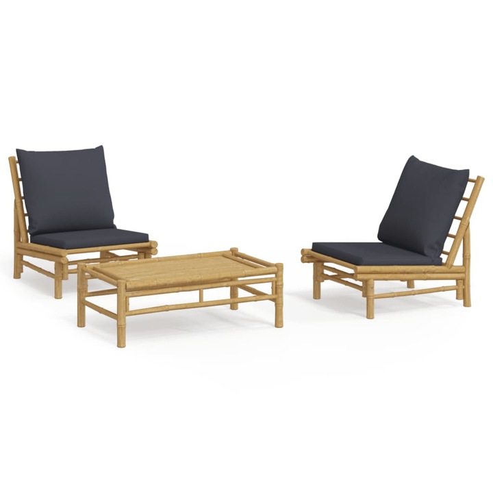 Set mobilier de gradina vidaXL, perne gri inchis, 3 piese, bambus, 3156488