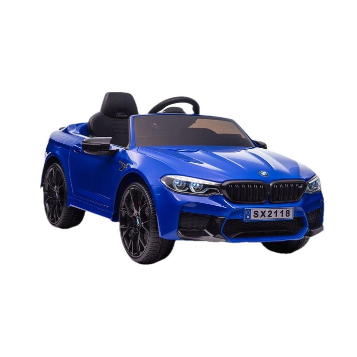 Електрическа кола BMW M5, Leantoys, 2x45 W, 12 V, 7 Ah, LED, MP3/USB, 124x74x55 см, Пластмаса/Кожа, Син/Черен