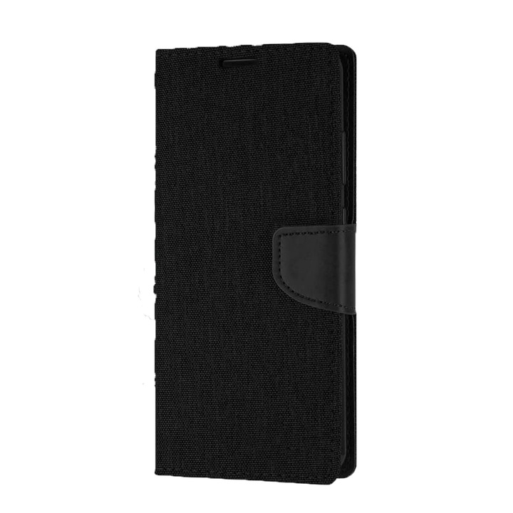 Textil kihajtható borító Samsung Galaxy A54 5G telefonhoz, mágneses okoskönyv, prémium szilikon belső, textil külső, mágneses záródás, könyvtípus, kártyatartó, elegáns, teljes védelem, fekete