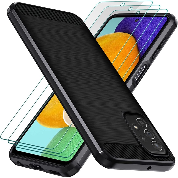 Samsung Galaxy A52 4G / 5G / A52S 5G tok 3 képernyővédő fóliával, TPU/biztonsági üveggel, fekete