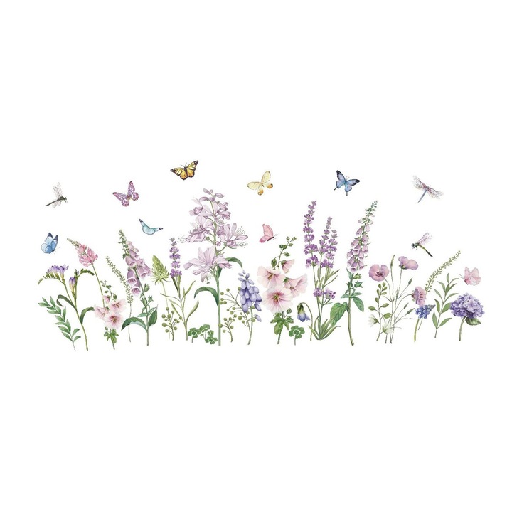 Dekoratív matrica lila virágokkal és pillangókkal, 120 cm, 1133STK