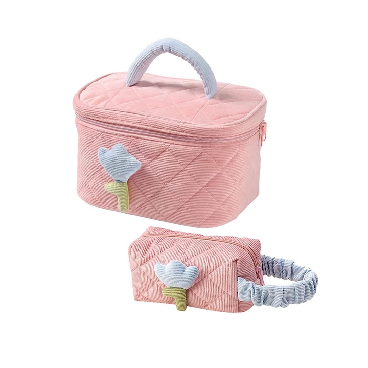 Комплект от 2 чанти за съхранение на козметика, LXNZUHN, Hand-held, Velvet, 23×16×24.5 см, Розова