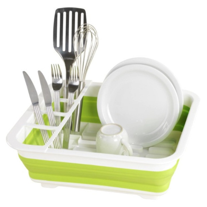 Uscator pliabil Verde pentru vase si cu suport pentru tacamuri