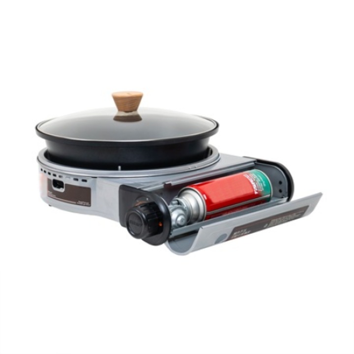 Foxmag24, Kemping tűzhely, elektromos gyújtással, fazékkal és fedővel, méretei 40x32x9,5 cm, szürke/fekete