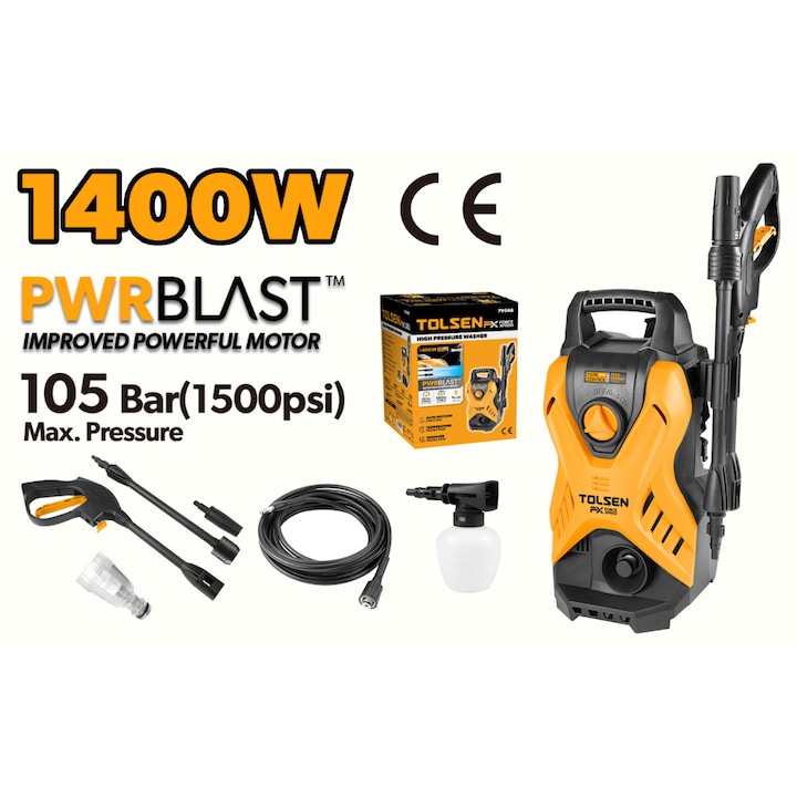 Aparat de spălat cu presiune TOLSEN 1400W, 105 bar, PwrBlastX FX Force Xpress, Debit 5L/min, Autoaspirare, Protecție temperatura și presiune, Furtun 5m, Pistol cu duza reglabilă, Accesorii incluse, CE