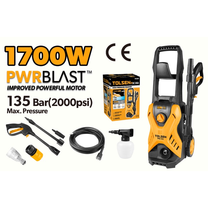 Aparat de spălat cu presiune TOLSEN 1700W, 135 bar, PwrBlastX FX Force Xpress, Debit 5L/min, Autoaspirare, Protecție temperatura și presiune, Furtun 7m, Duza reglabilă, Accesorii incluse, Cablu VDE, CE