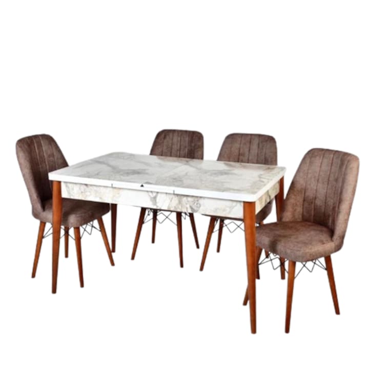 Комплект Разтегателна Трапезна Маса с 6 стола, 170x80x75 cm, Дърво ПДЧ, Бял
