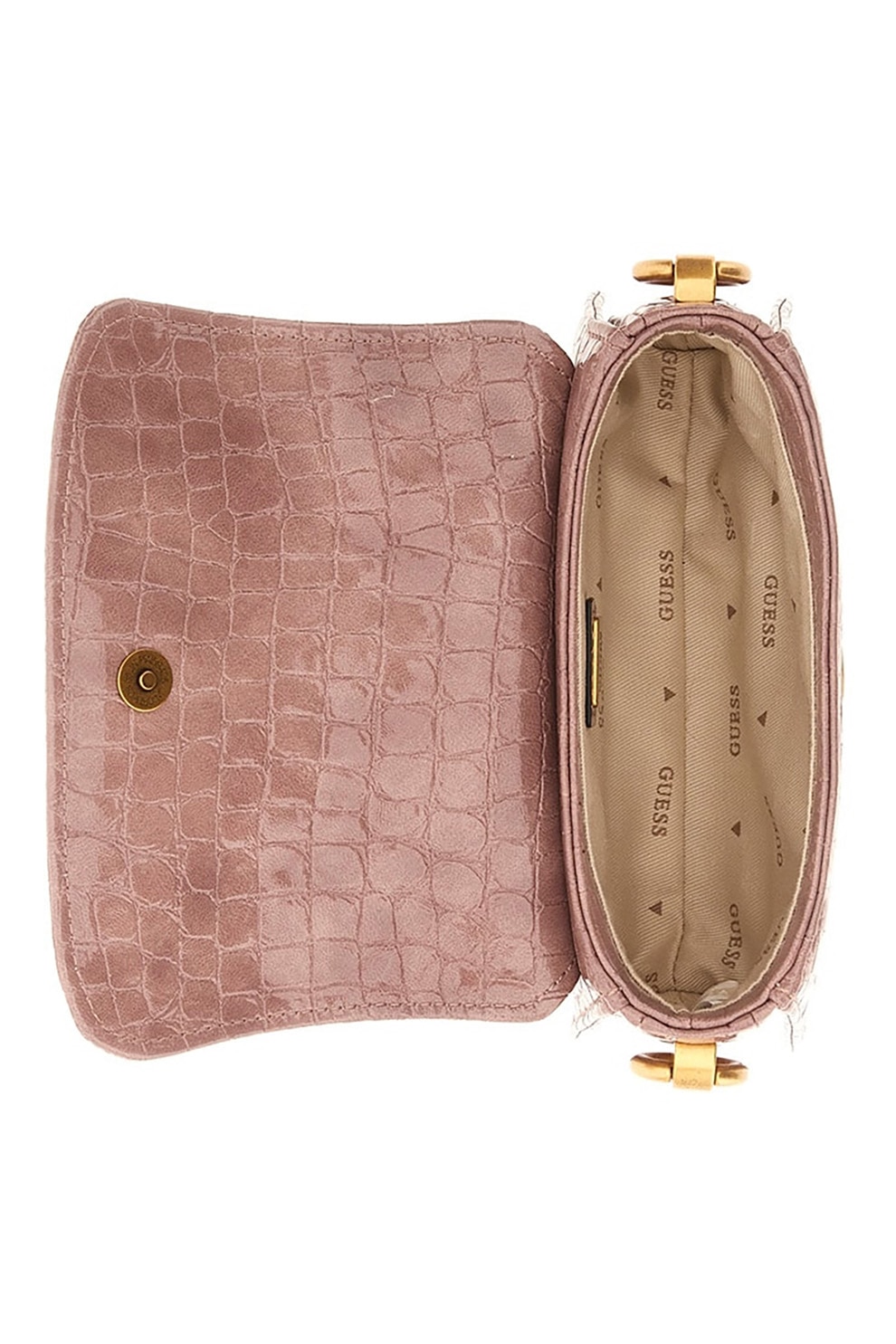 Guess, Geanta crossbody cu model piele de reptila Arja, Roz prafuit ...