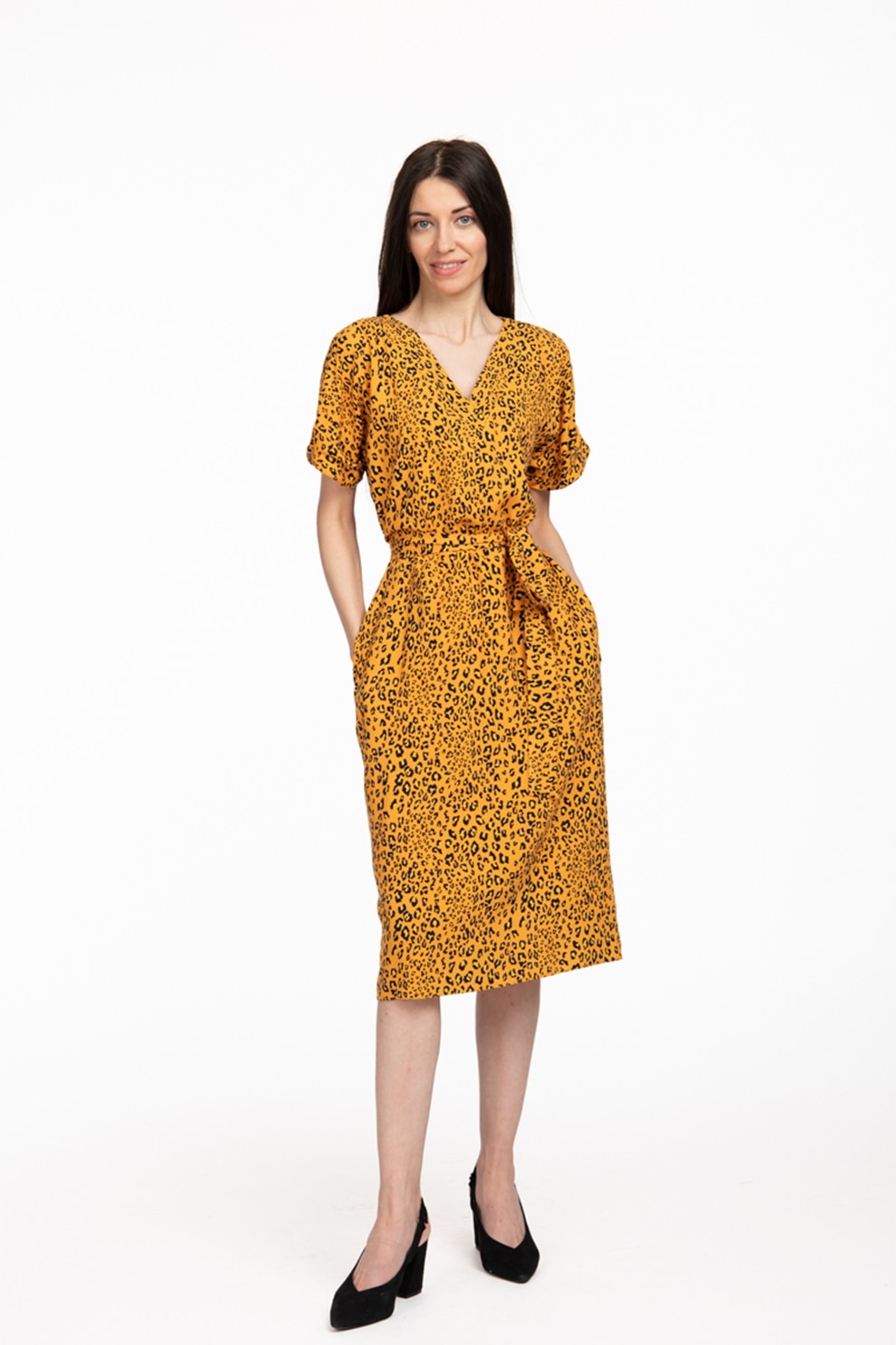 Couture de Marie, Rochie cu decolteu in V si animal print Arabella, Negru, Galben sofran, M