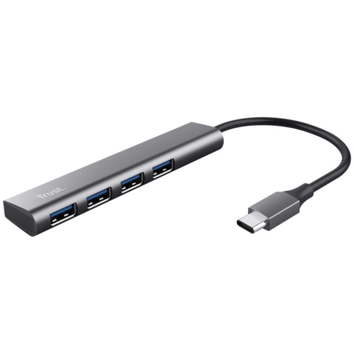 Trust Halyx USB-C hub adapter, 4 USB-A port, 5 Gbps, USB-C 3.2 gen1, alumínium, hordozható USB-elosztó, ezüst