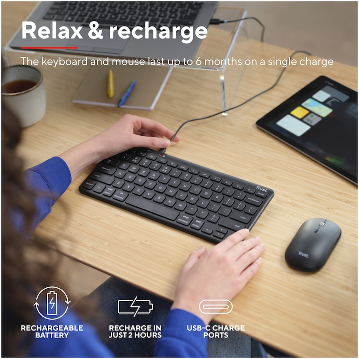 Kit tastatura + mouse Wireless/Bluetooth, Trust LYRA, Multi-Device, Layout US, mouse 800-1600 DPI, Negru