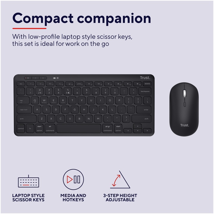 Kit tastatura + mouse Wireless/Bluetooth, Trust LYRA, Multi-Device, Layout US, mouse 800-1600 DPI, Negru