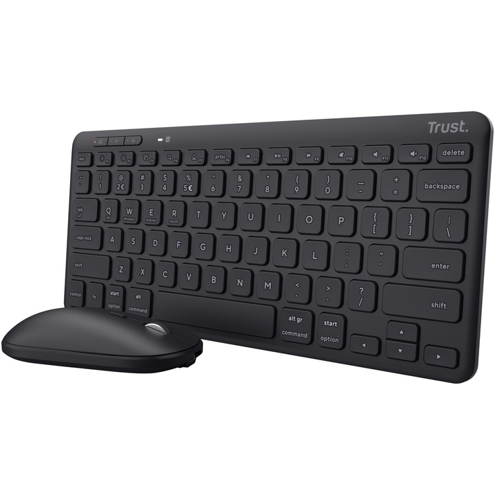 Kit tastatura + mouse Wireless/Bluetooth, Trust LYRA, Multi-Device, Layout US, mouse 800-1600 DPI, Negru