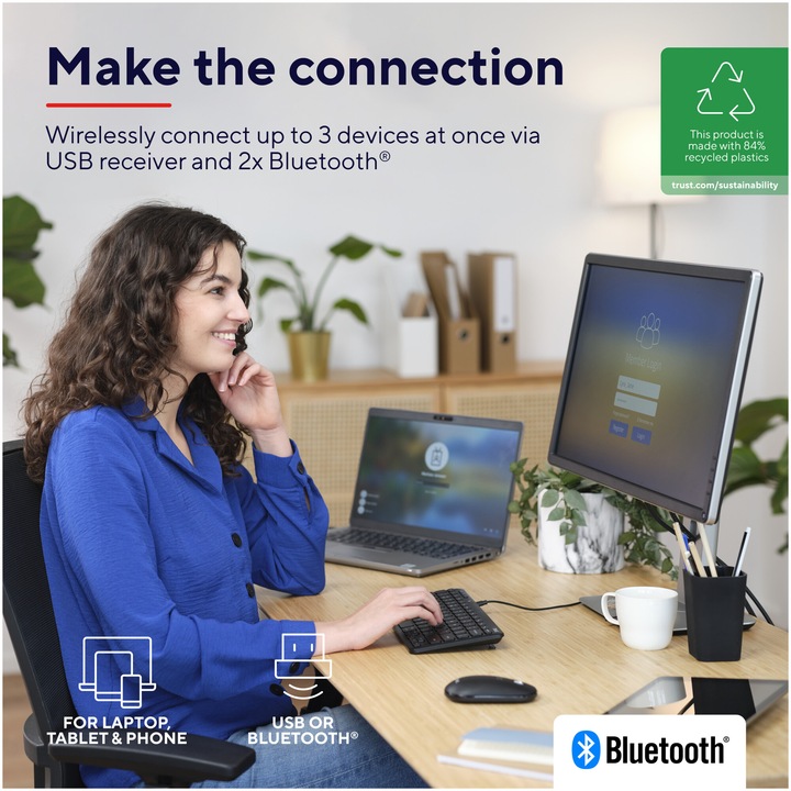 Kit tastatura + mouse Wireless/Bluetooth, Trust LYRA, Multi-Device, Layout US, mouse 800-1600 DPI, Negru