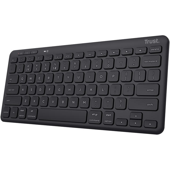 Компактна безжична/Bluetooth клавиатура, Trust LYRA, Multi-Device, презареждаема, US Layout, Черна