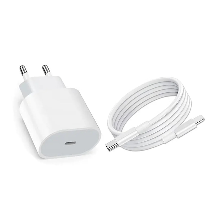Зарядно PriStyle, За бързо зареждане, Съвместимо с Apple iPhone 14 / 14 pro / 13 / 13 pro / 12 / 12 pro / 11 / 11 Pro / 11 Pro Max / XS Max / XS / X / XR / 8 / 8 Plus, 20w Адаптер и кабел за данни, В кутията 1м, usb c - lightning, Бял