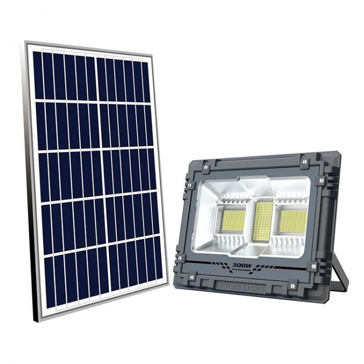 Proiector cu panou solar, impermeabil, din aluminiu, cu telecomanda si temporizator, MJ-AW, Putere - 300 W, culoare negru