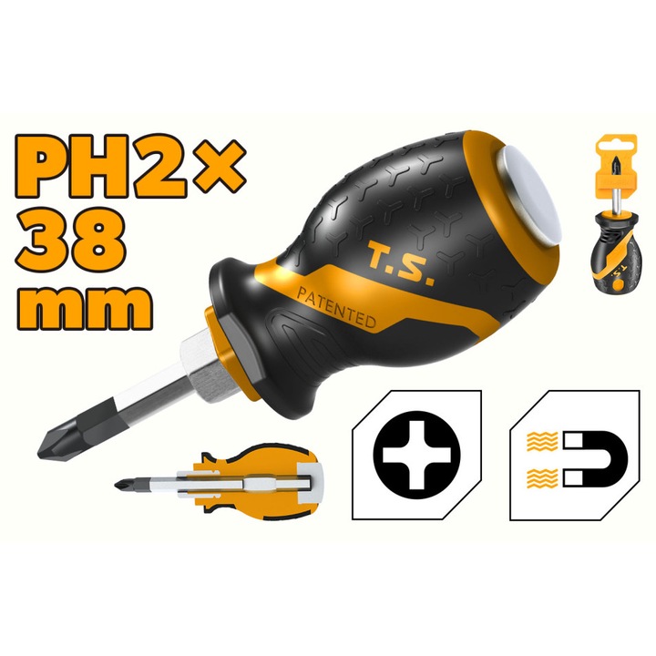 Surubelnita cu Cap de Impact Cr-V PH2 x 38 mm, Maner GRIPro TOLSEN din 2 Componente, Prindere Antialunecare