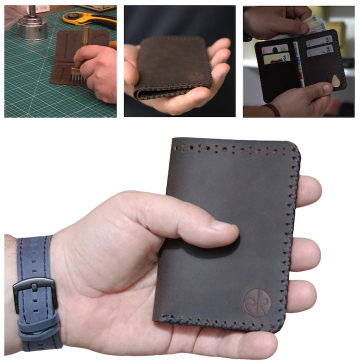 Portofel barbati din piele naturala, lucrat si cusut manual, Jack M, Handmade, Maro