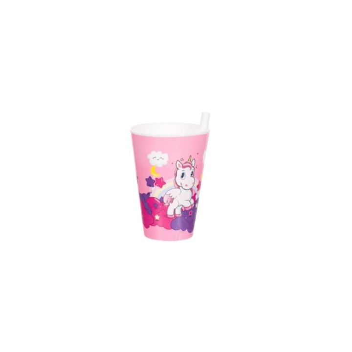 Pahar din plastic pentu copii, cu pai fix, model Unicorn, multicolor, capacitate 400 ml