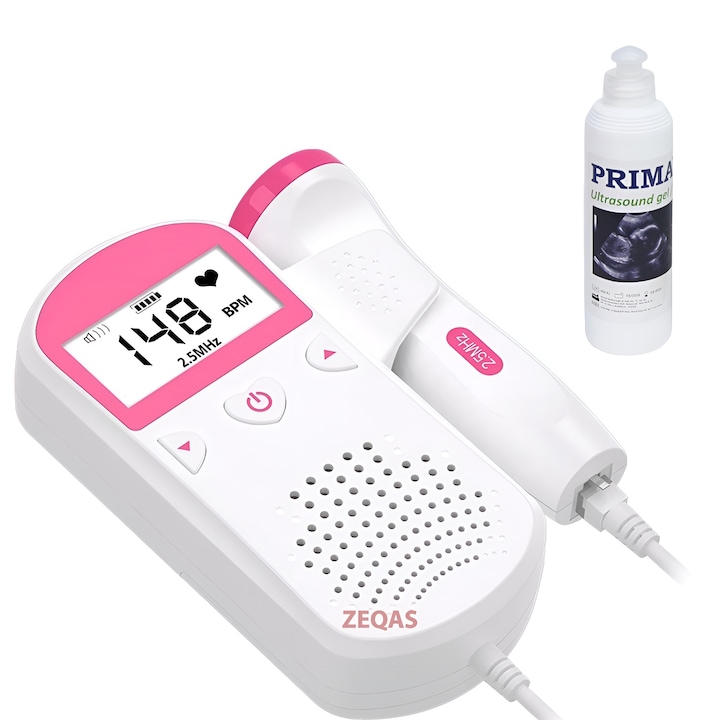 Фетален доплер за бременни с включен ултразвуков гел, ZEQAS, без облъчване, проследяване на жизнените функции на вътрематочния плод, откриване на сърдечен ритъм/пулс на плода, слушане на звуци от корема, преносим, бял/розов