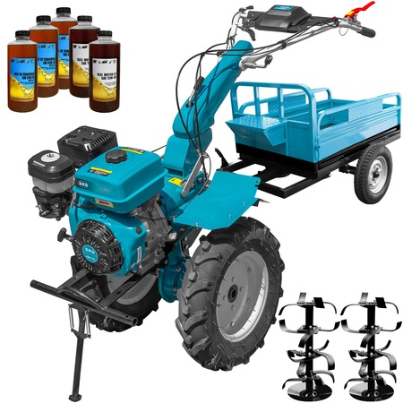 Motocultor profesional DKD HS 1100D, motor 16 CP, 3 viteze, latime lucru 90-120 cm, freze, roti cauciuc 5.00x12, remorca, 5l ulei