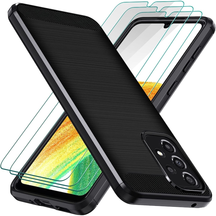Кейс за Samsung Galaxy A33 5G с 3 защитни фолиа за екрана, TPU/Safety glass, Черен