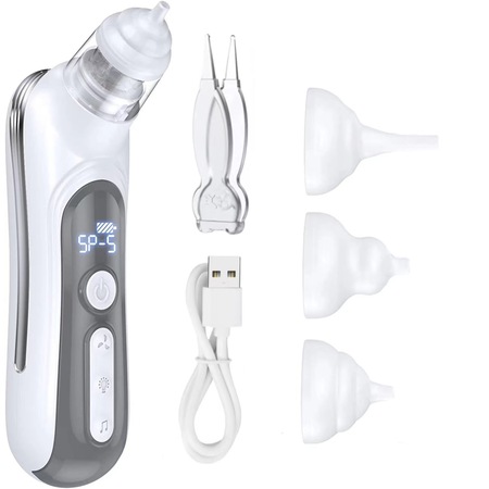 Aspirator nazal electric, Baby pentru bebelusi si copii silentios, 5 Trepte de Aspirare, Portabil, cu Incarcare USB, cu Baterie reincarcabila 450mAh, Putere de aspirare 65 kpa, 3 Capete de silicon, alb