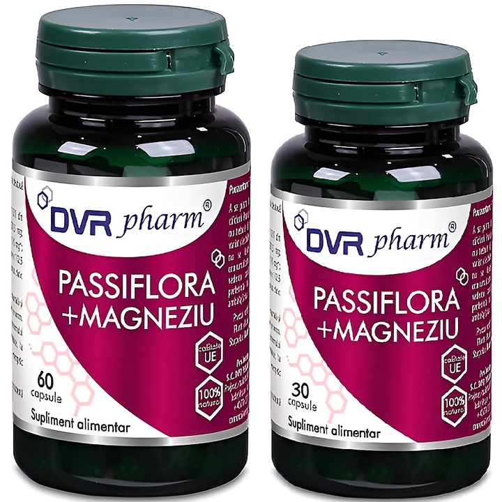 Pachet Passiflora Magneziu marin, pentru stres, anxietate si insomnie, 2flacoane, 90cps, DVR Pharm
