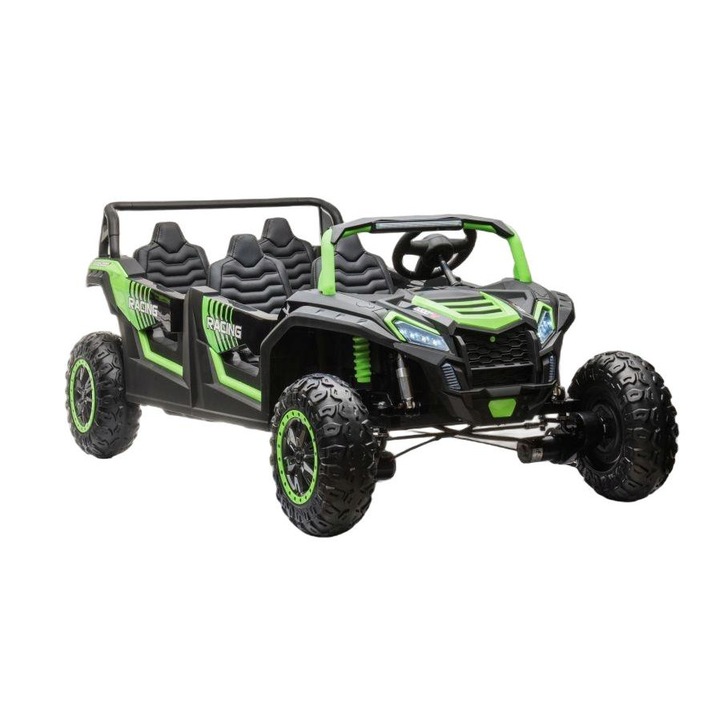 Детско електрическо бъги, Leantoys, 4x150 W, LED, USB/MP3/FM радио, Пластмаса/Кожа, 190x100x78 см, Черен/Зелен