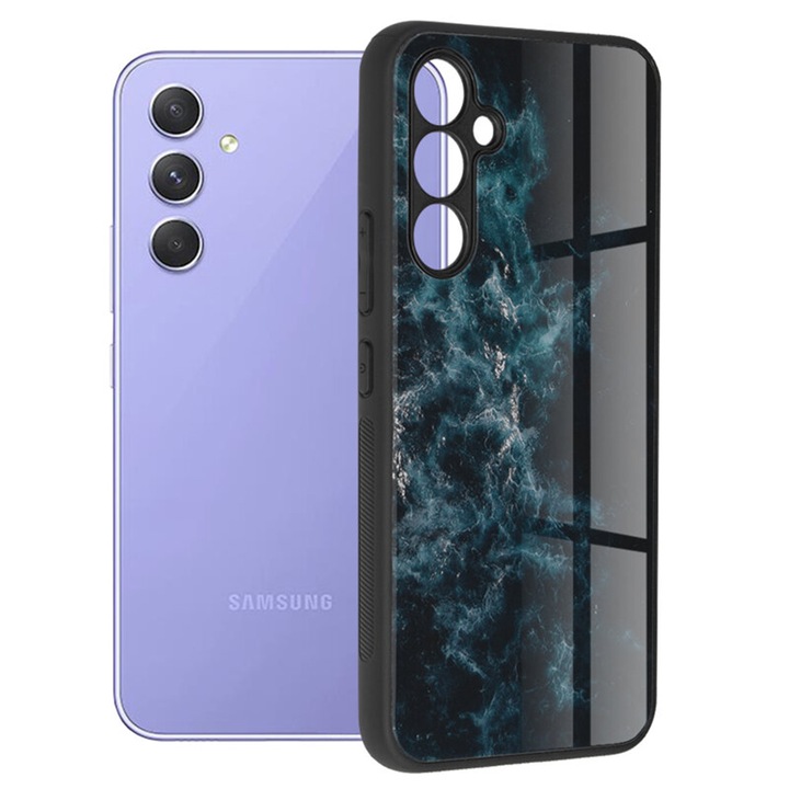 Защитен калъф, съвместим със Samsung Galaxy A54 5G, TPU силикон и закалено стъкло, Slim Fit, ударопоглъщащ, Nebula Design, син