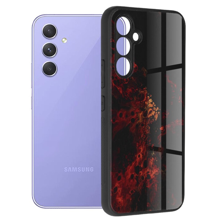 Защитен калъф, съвместим със Samsung Galaxy A54 5G, TPU силикон и закалено стъкло, Slim Fit, ударопоглъщащ, Nebula Design, червен