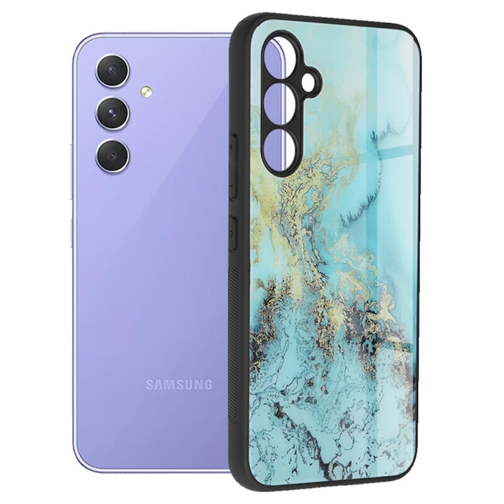 Защитен калъф, съвместим със Samsung Galaxy A54 5G, TPU силикон и закалено стъкло, Slim Fit, Shock Absorbing, Nebula Design, Ocean Blue