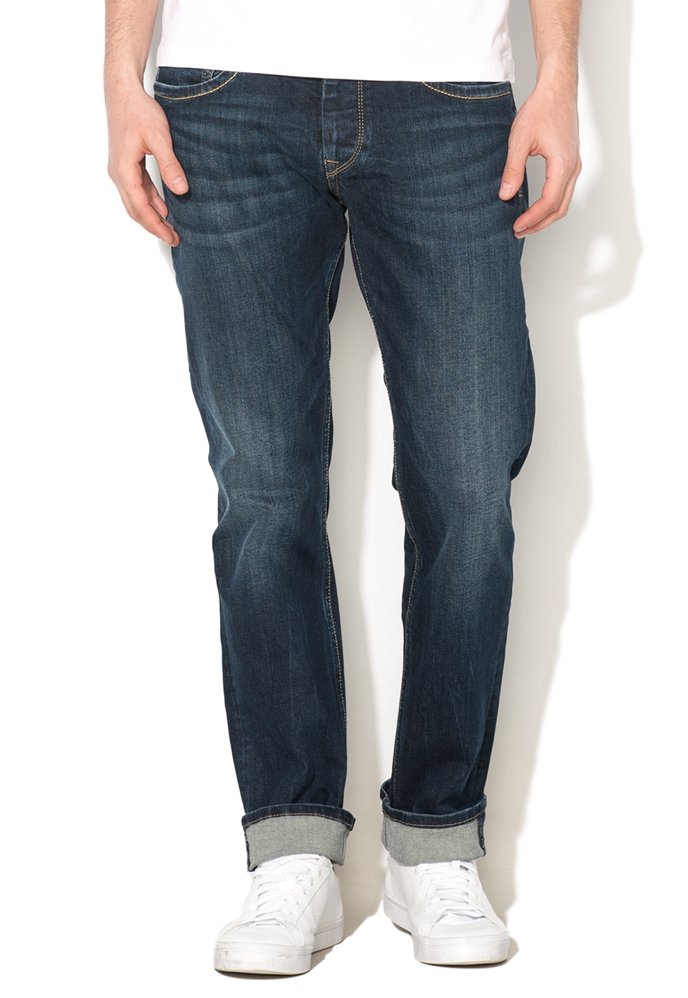 Pepe Jeans London, Blugi regular fit cu aspect usor decolorat Cash, Albastru inchis