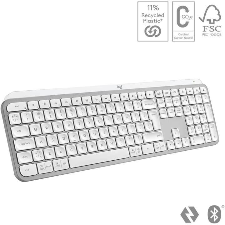 Безжична клавиатура Logitech MX Keys S, Осветление, 2.4GHz&Bluetooth,USB-C, US INTL layout, Pale Grey