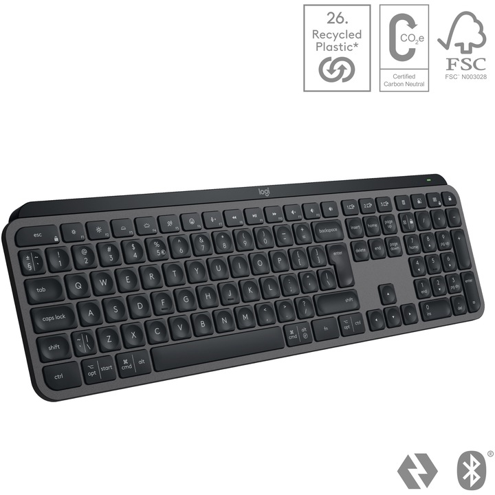 Tastatura wireless Logitech MX Keys S, Iluminare, 2.4GHz&Bluetooth, USB-C, US INTL layout, Graphite