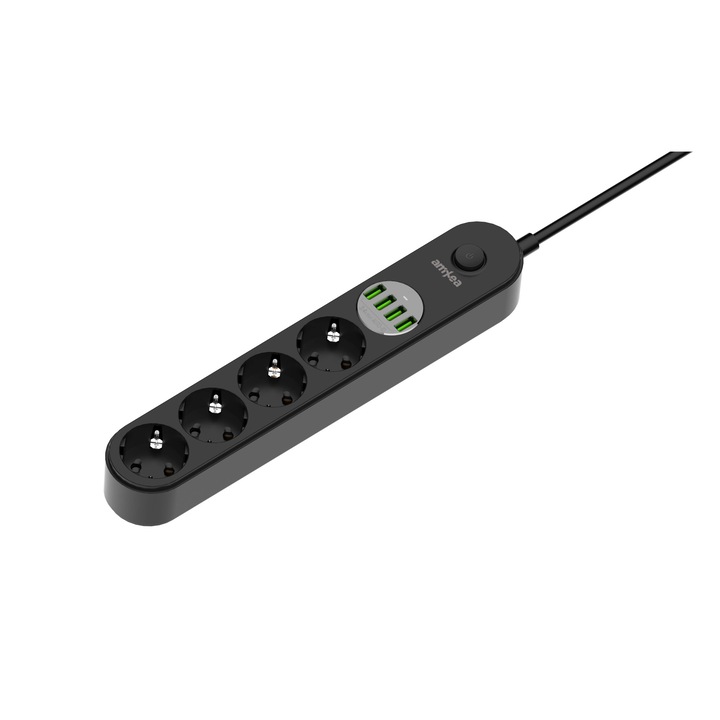 Удължител amXea PS-440L-B Черен, 4 гнезда, 4xUSB 5V/3.4A, 2м, 2500W, защита за деца, антистатичен