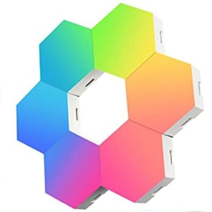 Lampa Modulara Inteligenta tip Hexagon, Led RGB, 6 Panouri, Voice Control, App control IOS/Android, Alexa/Google Home, Wi-Fi, Port USB, Telecomanda Inclusa