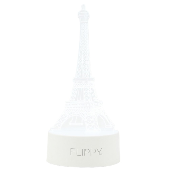 Lampa LED decorativa, Flippy, 3D, Turnul Eiffel, din material acril si lumina multicolora, alb