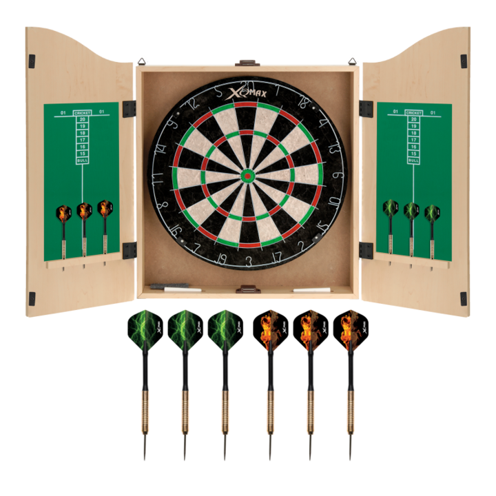 Szett darts tábla 6 nyíllal, XQ MAX, Acél/Fa, 6 x 18 g, Többszínű